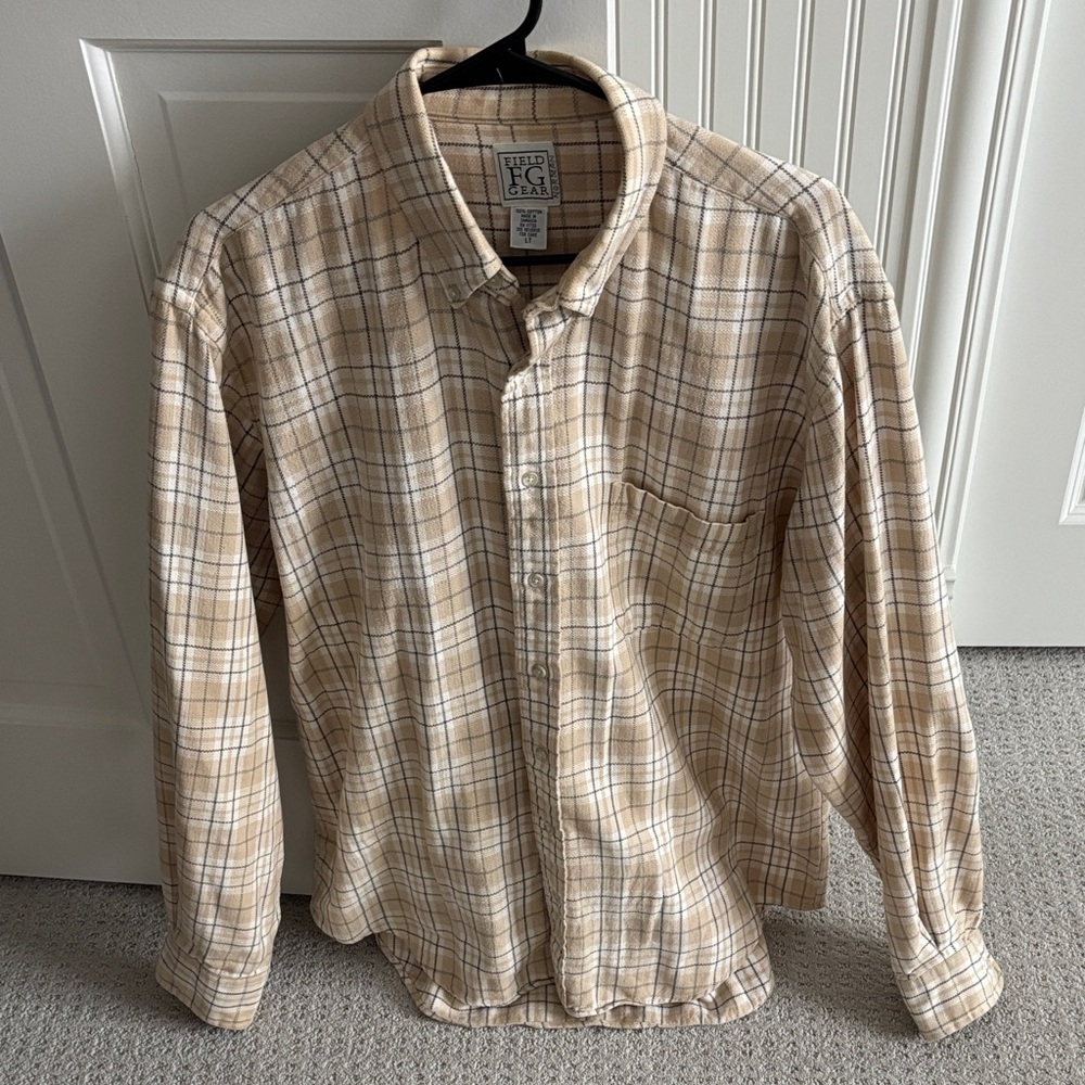 Vintage Field Gear Beige Plaid Flannel Button Down Shirt Men’s Size Large Tall